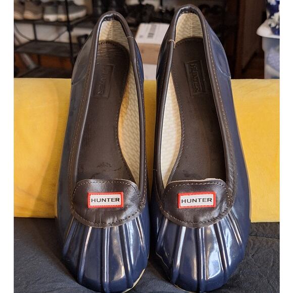 Hunter Flats Women's 10 Navy Blue Rubber Leather Logo Outdoor Nature Waterproof - Picture 9 of 9